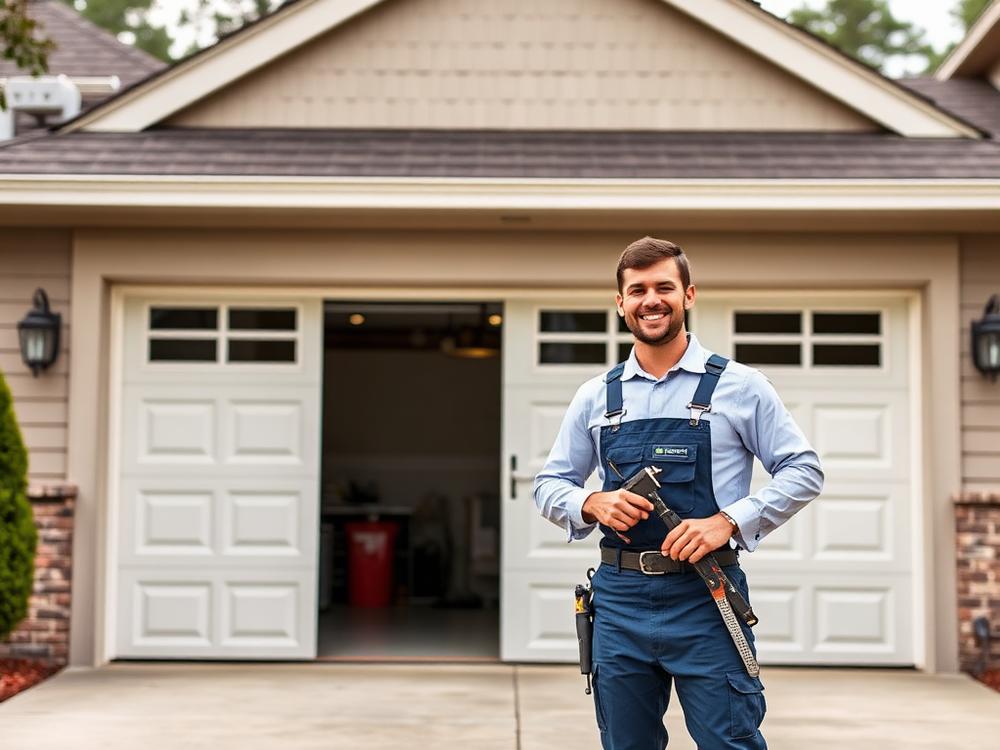 Garage door repair technician standing in front of a residential garage