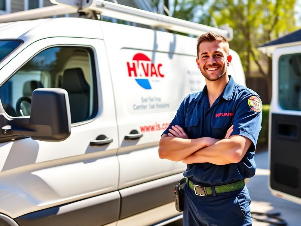 Home service technician standing beside a work van
