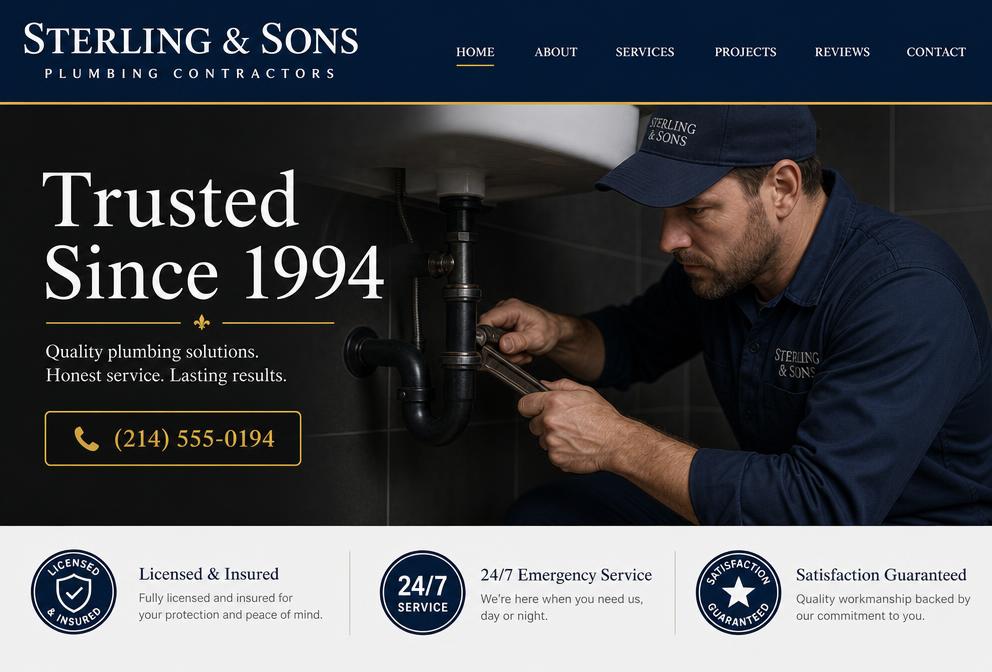 Traditional navy and gold contractor website with serif headline