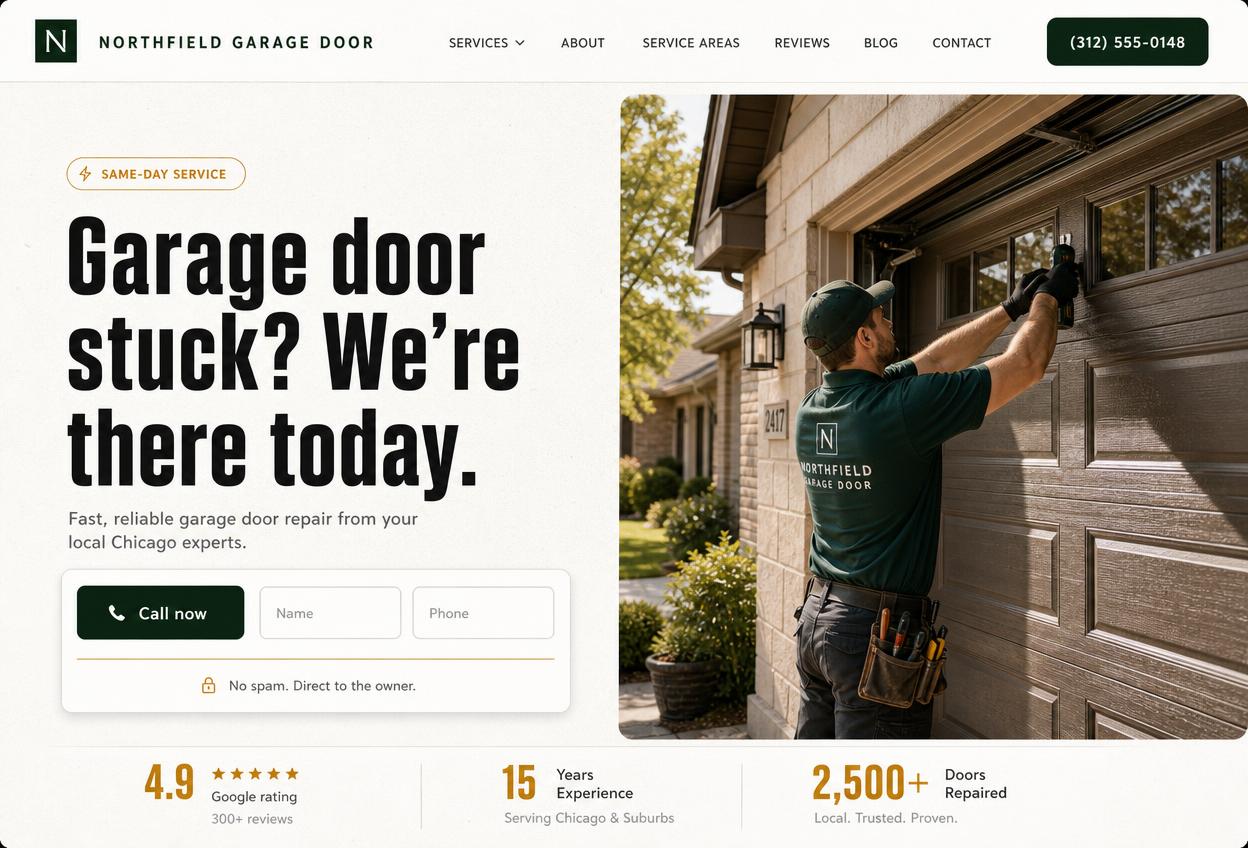 Clean minimal contractor website with a bold headline, technician photo and combined call-and-form block